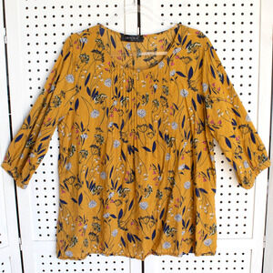 Gracila Womens SIZE 2XL Yellow Floral Pleated Tunic Top Boho